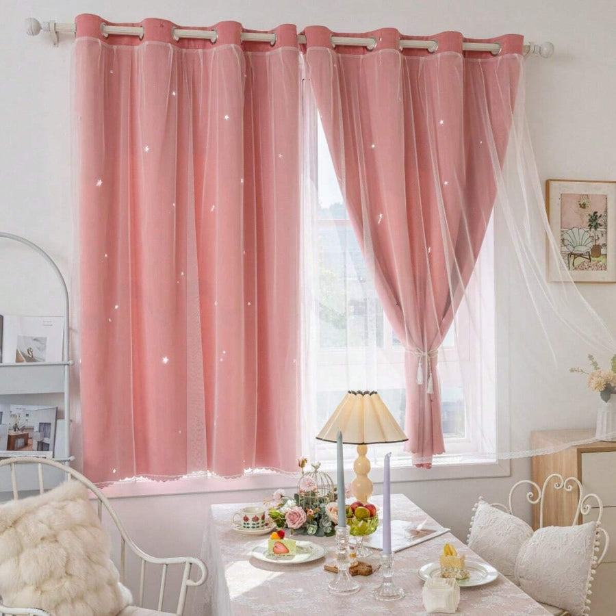 2 Panels Cute Pink Star Cutout Window Curtain, Blackout Solid Color Curtain, Lace Trim Decorative Curtain Panel For Bedroom, Girls Room, Living Room