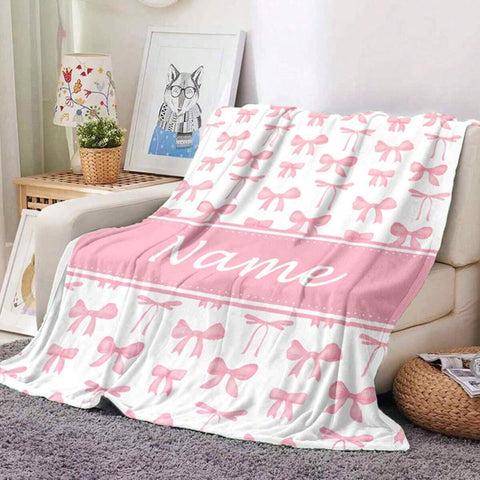 Personalized Pink Bow Anime Theme Flannel Blanket, Custom Name Soft Cozy Throw, Tear Resistant, Machine Washable, Digital Print, Polyester, All Seasons,Ideal For Couch, Bed, Camping & Travel,For Mother's Day,For Birthdays,For Graduation
