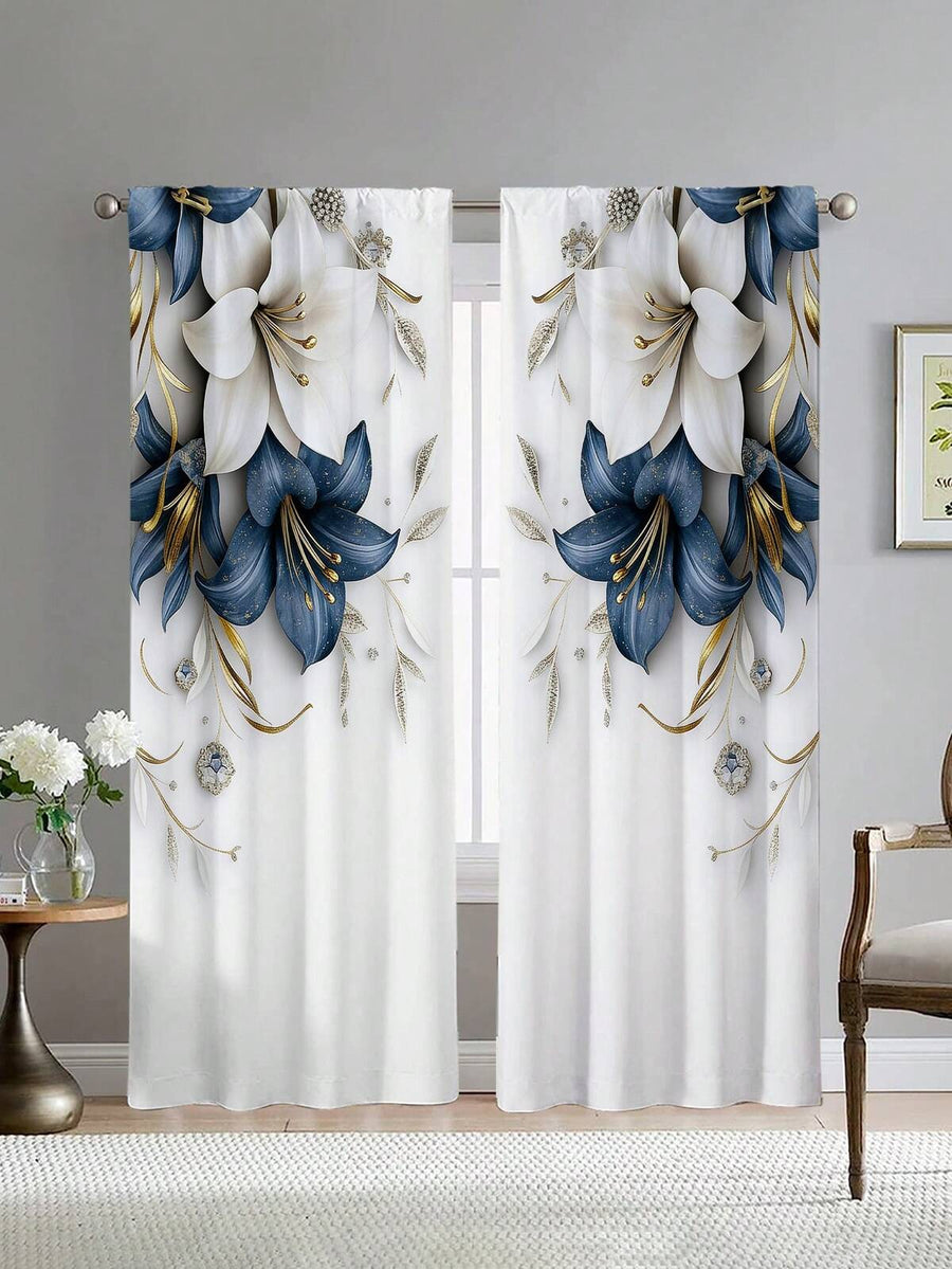 2pcs Elegant Blue And White Floral Curtains, 2D Flat Design With Gold Accents, No Grommet Design, Suitable For Bedroom, Office, Kitchen, Living Room, Study And Other Home Decor