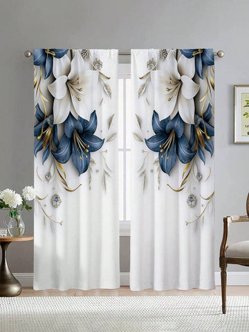 2pcs Elegant Blue And White Floral Curtains, 2D Flat Design With Gold Accents, No Grommet Design, Suitable For Bedroom, Office, Kitchen, Living Room, Study And Other Home Decor